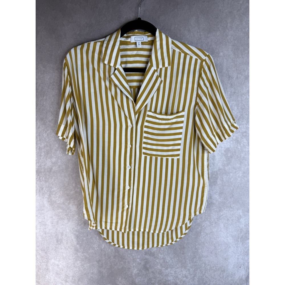 AYR The Deep End Striped Button Down Short Sleeve Shirt In Mustard Size XS